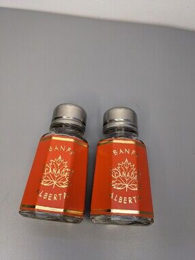 Vintage Banff Alberta Glass Salt and Pepper Shakers Red Gold Canada Souvenir MCM